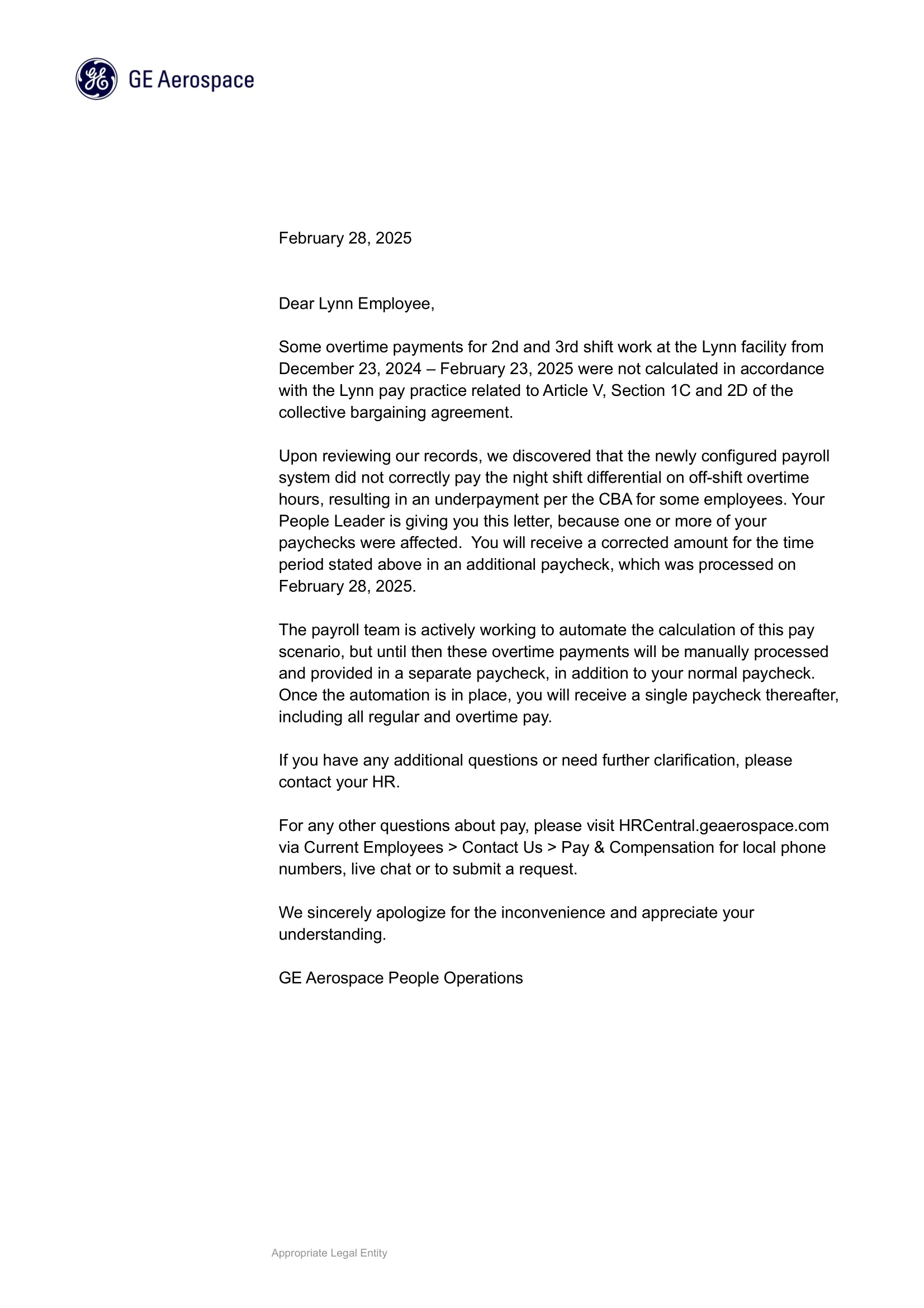 Notice from Company on Lynn Payroll Remediation